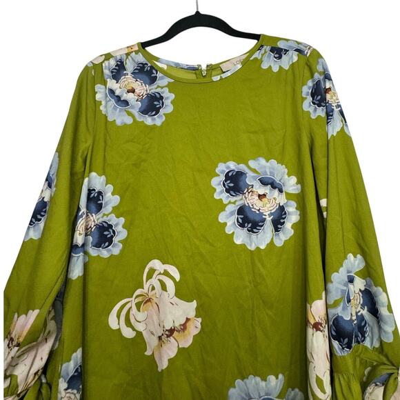 LOFT Green Floral Bell Sleeve Shift Dress Small Back Zip Tie Cuffs Womens - Picture 3 of 7
